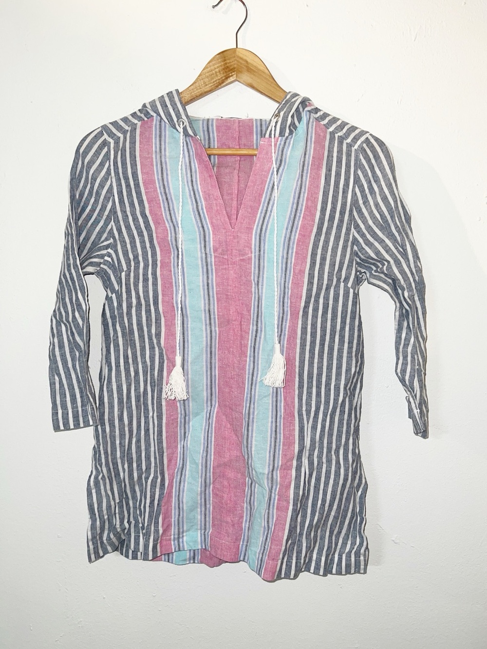 Tommy Bahama Lovely Lanes Baja 3/4 Striped Hooded Beach Tunic Pink, Aqua & Navy
